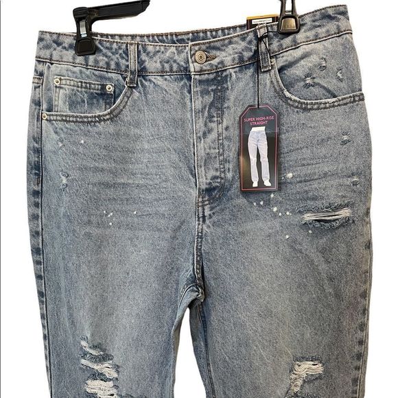 NOBO New Light Wash Super Hi Rise Relaxed Fit 90s Distressed Denim Blue Jeans - Picture 3 of 11